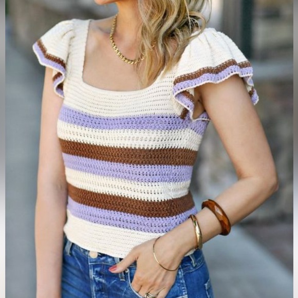 Mango Crochet Top Striped Women’s Medium - Picture 1 of 5
